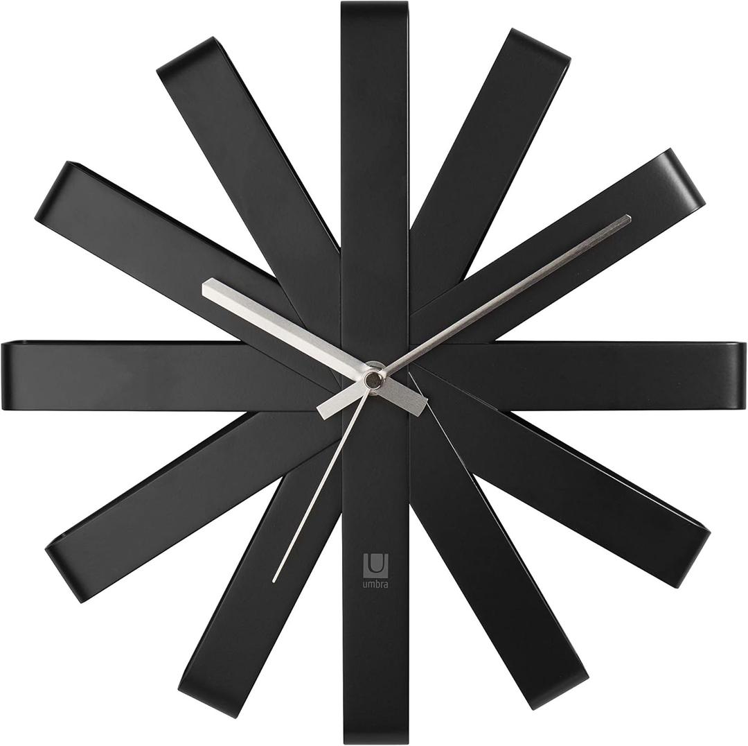 Umbra Ribbon Modern 12" Wall Clock, Silent Non Ticking Battery Operated Quartz Movement, Black