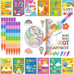 BenLouis 24 Bible Verses Mini Coloring Books Kids with 24 Stacking Crayons Christian Party Favors Activity Books Bulk for Kids Sunday School Religious Church Goodie Bag Gift Stuffer Classroom Reward
