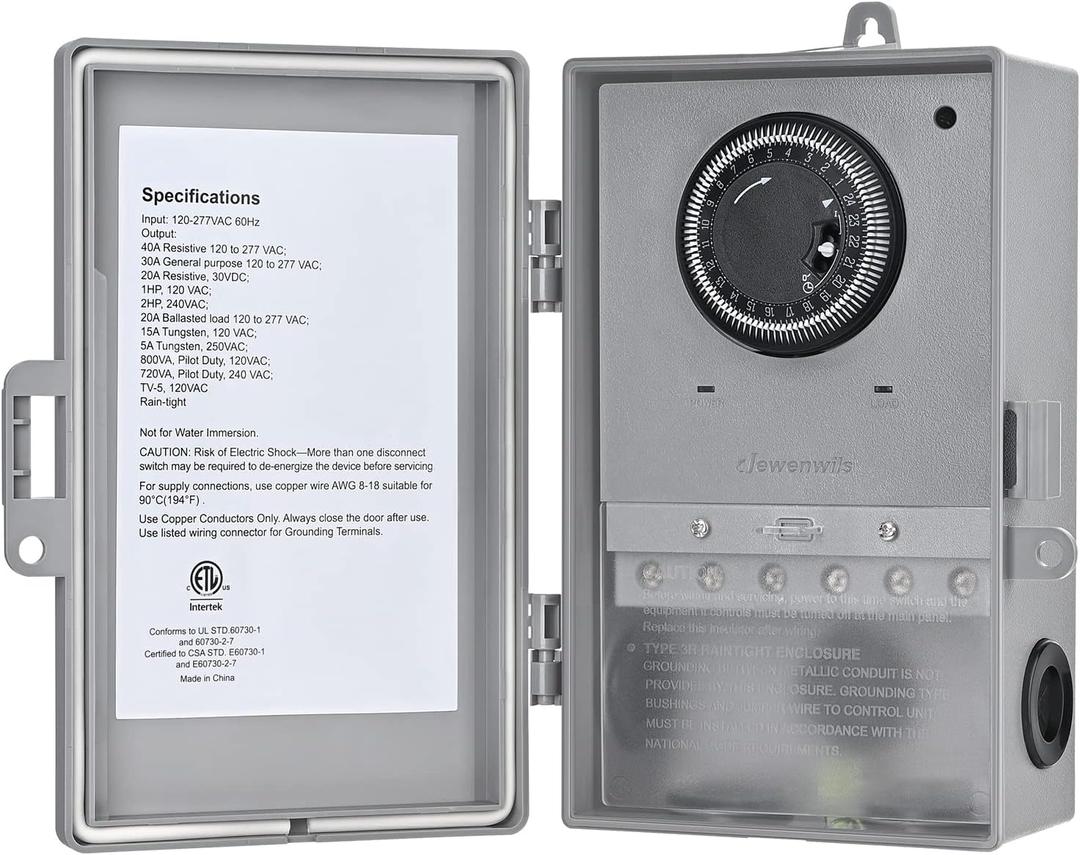 DEWENWILS Pool Pump Timer, Mechanical Timer Box Outdoor, Heavy Duty 2HP 40A 120-277 VAC, 24-Hour Programmable ON/Off Timeable Switch for Water Heater, Pool Pump, ETL Listed