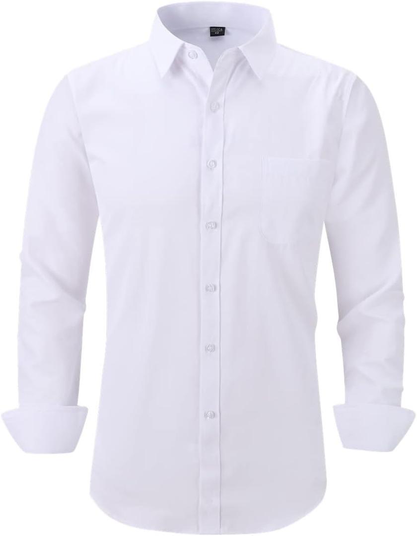 Long Sleeve Dress Shirts for Men - Regular-Fit Casual Button-Down Shirt with Pockets (White), Size: Medium