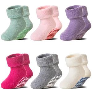 Eocom 6 Pairs Baby Boy Girl Non Slip Socks Child Toddler Winter Thick Soft Wool Kids Warm Socks with Grips(Grey/Rose Red/White/Purple/Light Green/Pink, 0-12 Months)