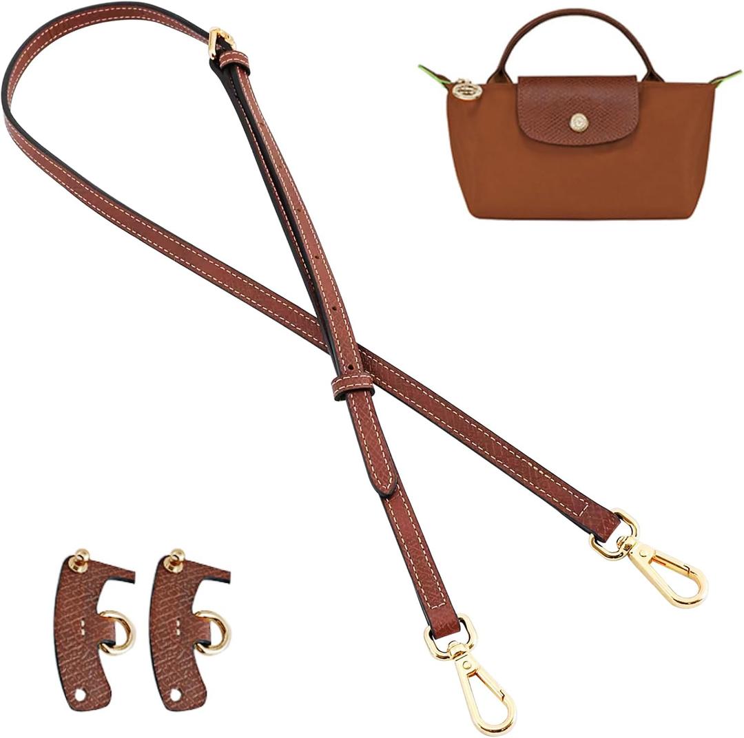 Jiesinlov Leather Bag Shoulder Strap Replacement Crossbody Adjustable Conversion Kit Fit for Mini Pouch (Brown-gold)