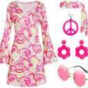 Deerjoke 60s 70s Disco Outfit Hippie Costume Women, 1970 Style Clothes Dress Peace Sign Accessories Jewelry Halloween XXL