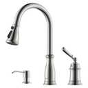 DAYONE 3 Holes Kitchen Sink Faucets with Pull Down Sprayer and Soap Dispenser, Separate Handle Brushed Nickel Sink Faucet for Kitchen, 2 Holes Single Handle High Arc