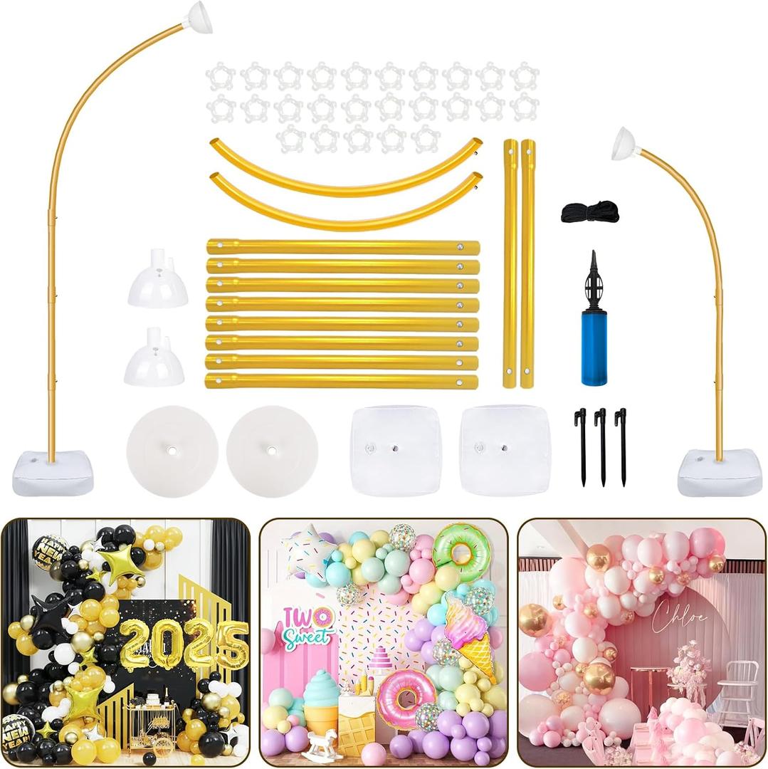 CYAOOI 8FT & 6FT Gold Balloon Arch Stand, Free Bending Top Balloon Arch Kit, Half Arch Balloon Stand with Base for Floor, Balloon Column Kit for Wedding Birthday Baby Shower Graduation Party Decor