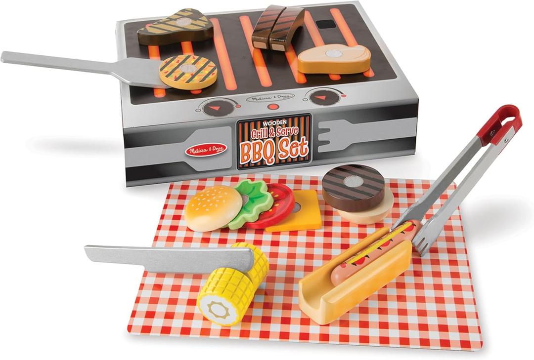 Melissa & Doug Grill and Serve BBQ Set with Pretend Play Toy Food & Kids Play Kitchen Accessories, Preschool Learning Toys for Girls & Boys 3+