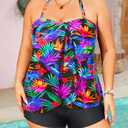 Daci Plus Size Bandeau Tankini Swimsuit for Women 2 Piece Halter Swim Top with Shorts Tummy Control Bathing Suits (Colorful Leaves), Size: 18 Plus