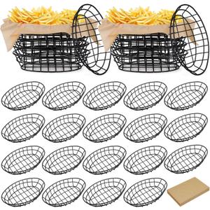 Hushee 24 Pcs Black Wire Bread Basket 9. 5 x 6. 2 x 2. 2 Inch Oval Metal Dinner Roll Baskets Storage with 100 Sheets Deli Wrappers Paper for Kitchen Table Fast Food
