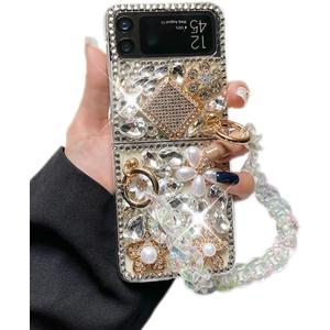 Case for Samsung Galaxy Z Flip 3 with Lanyard,Luxury Bling Diamond Rhinestone Gemstone 3D Perfume Bottle and Flower Gemstone Cover Case for Women Girls with Galaxy Z Flip 3 5G (2021) (Clear)