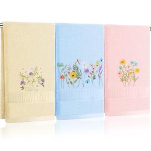 Tingjoo 3 Pcs Pastel Wildflower Hand Towels Pink Blue Yellow Wildflower Floral Bath Towels 14x29 Inch Soft Cute Flower Washable Embroidered Decorative Spring Summer Cotton Decor for Bathroom Kitchen