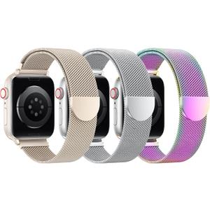 BELONGME 3 Pack Mesh Loop Compatible with Apple Watch Bands for Women Men 40mm 41mm 38mm 42mm 44mm 45mm 49mm 46mm Series 11 10 9 8 7 6 5 4 Ultra3 SE3 2, Stainless Steel Metal Magnetic Strap for iWatch (Starlight+Silver+Rainbow)
