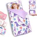 Primlect Thickened Toddler Nap Mat with Removable Pillow and Minky Blanket, Extra Large 55''x35'' Sleeping Bag, Washable, Roll up, Perfect for Daycare, Preschool, Kindergarten, Boys and Girls Dinosaur (purple)