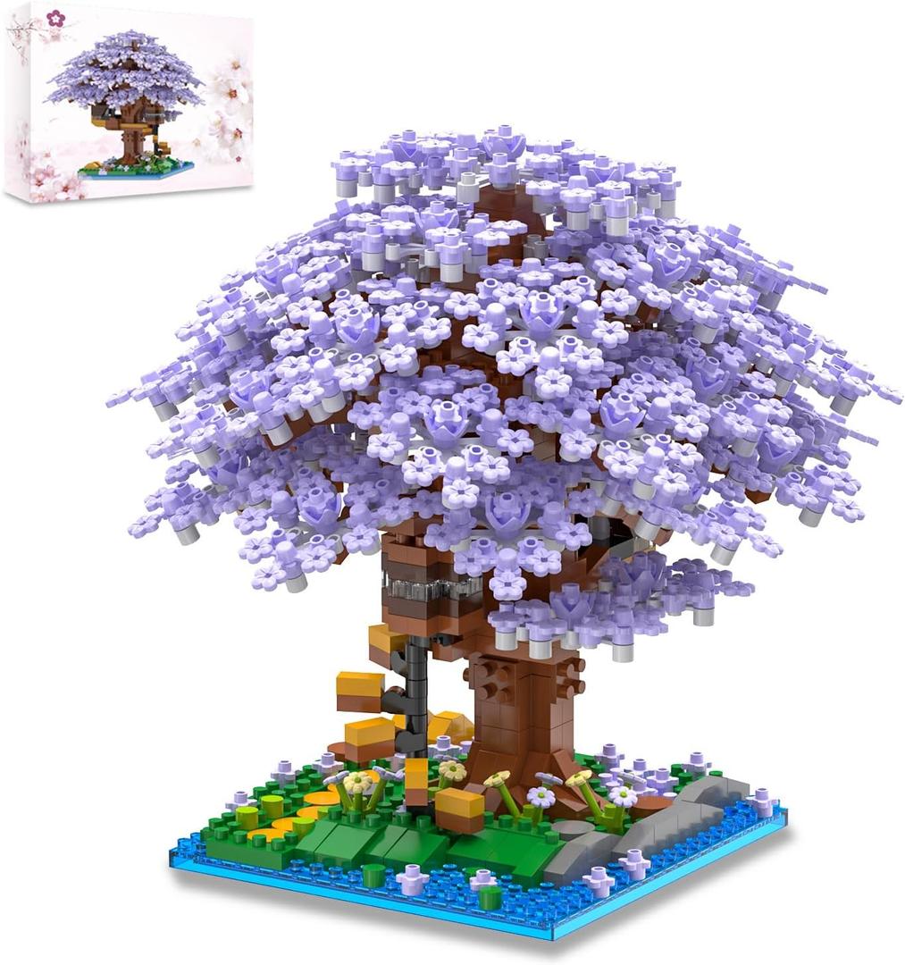 QISHOUTING Cherry Blossom Tree Building Set, 1113PCS, Flowers Bonsai Tree Mini Blocks Kit for Adult,Japanese Sakura-Tree House Building Blocks,Gift Ideas for Girls 8 10 12 14+ (Purple)
