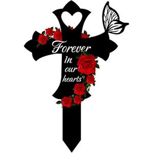 2 x Metal Butterfly Memorial Garden Stake, Cross Cemetery Grave Decorations with Rose Design, Forever in Our Hearts Grave Marker for Mom Dad Son, Outdoor Yard Garden Cemetery Decor (Black)