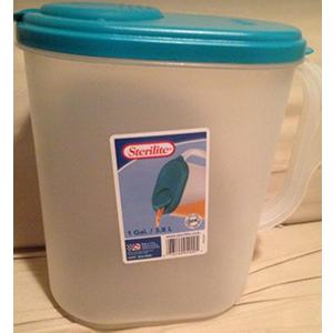 Sterilite Plastic Pitcher Water Jug Drink Dispenser Blue Atoll Lid and Tab with Clear Base and Comfort Grip Handle for Kitchen and Home, Washed Blue (128.5 Ounces)
