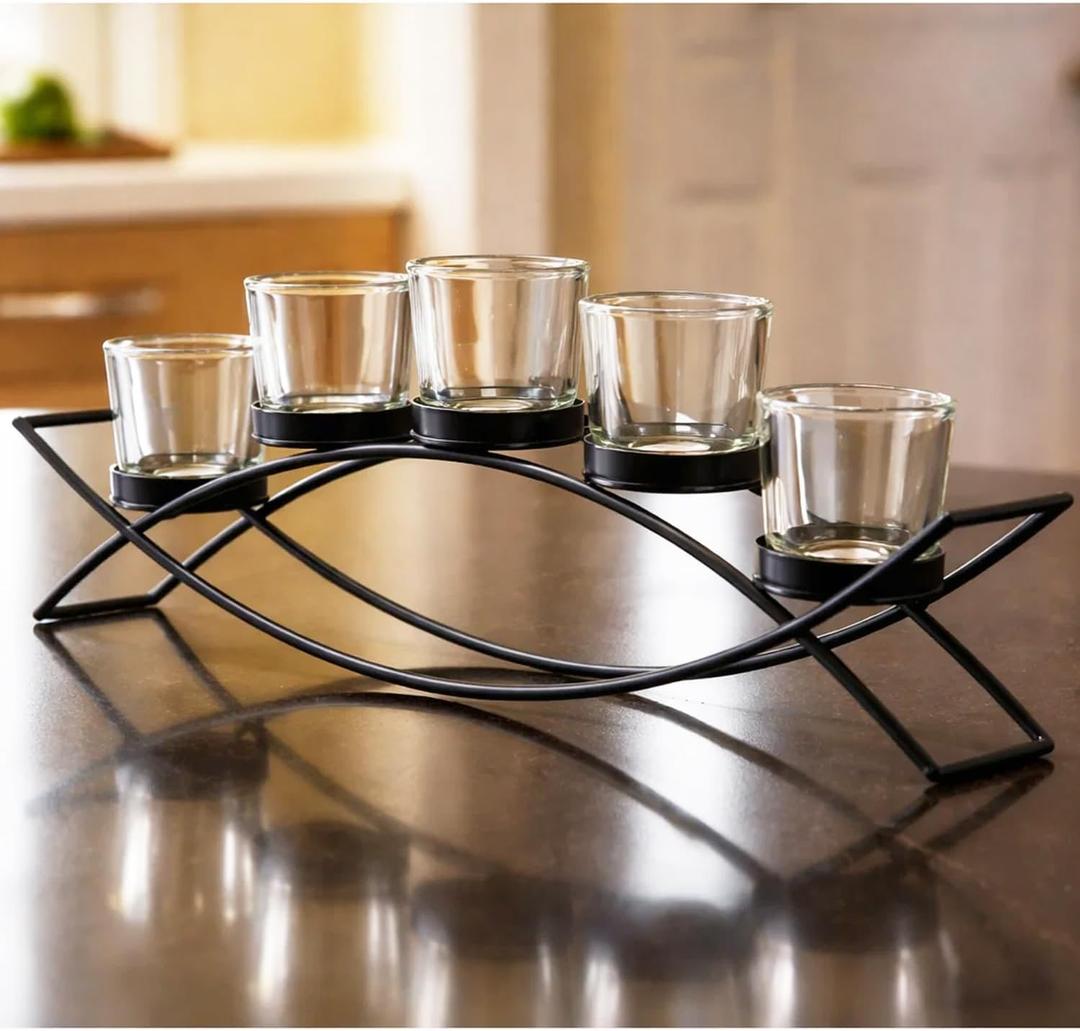 Seraphic Iron Arch Table Centerpiece Decorations Tealight Votive Candle Holder for Weddings, Patio, Kitchen, Dining Room, and Coffee Tables, Black, Clear Chunky 5 Cups