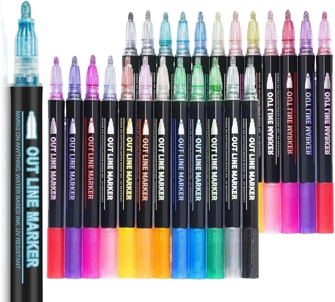 Glitter Markers 24 Colors Double Line Outline, Markers, For Doodling,Painting,Christmas Cards, DIY Craft Projects Art Supplies For Girls Kids Ages 8-12 Glitter Pens For Adults