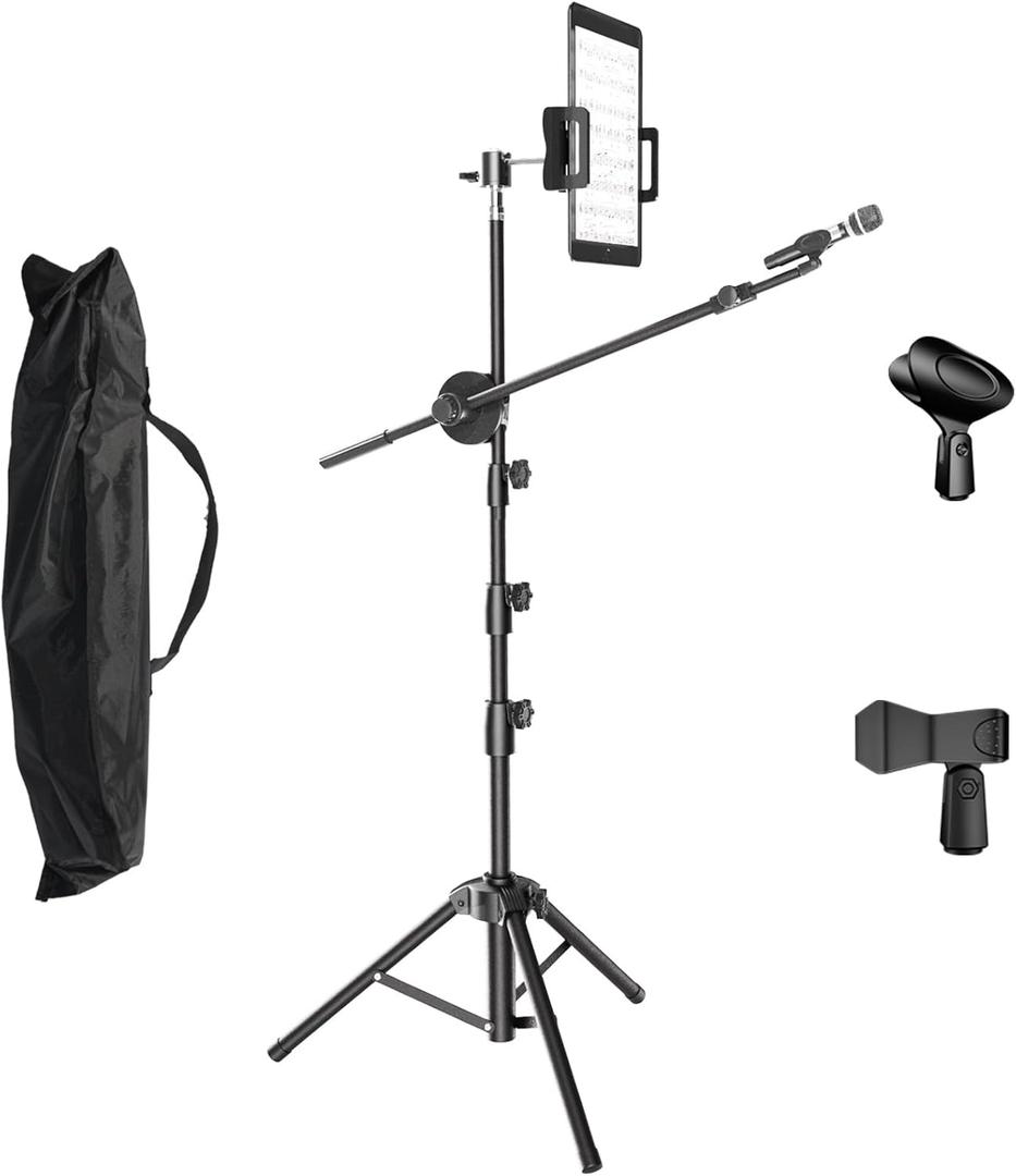 Kereal Microphone Stand Floor Boom Mic Stand with 360 Ball Head Tablet Holder, Two Mic Clips for Singing, Portable Mic stands Adjust Hight From 17 to 83 for Studio, Stage, Karaoke, DJ, Kids