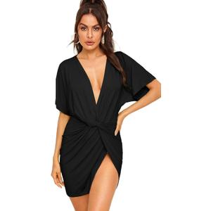Floerns Women's Deep V Neck Twisted Plunging High Slit Mini Party Dress (Large, A Black Pure)
