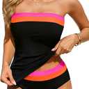 Daci Bandeau Tankini Swimsuits for Women - Two Piece Ruched Tummy Control Bathing Suit Strapless Swimwear with Bottom (Large, Black Pink Color Block)