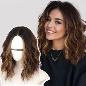 AISI HAIR 14 Inch Brown Chestnut Highlight Wigs for Women - Shoulder Length Wave Wig with Pre-Cut Lace Hairline, Middle Part Natural Wavy Bob Synthetic Heat Resistant Fiber for Daily and Party