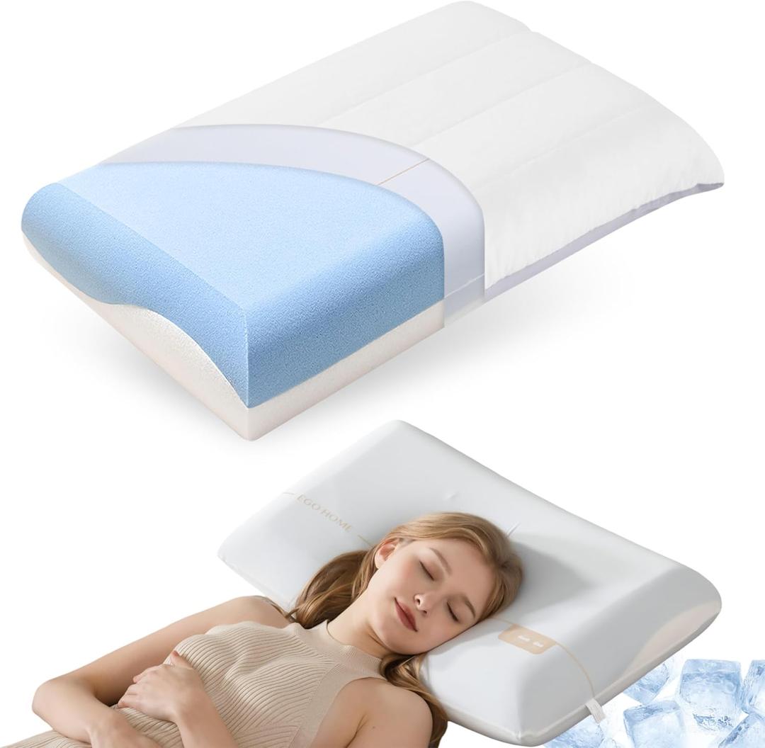 Cooling Memory Foam Pillow for Sleeping, Neck Pillow for Side, Back, Stomach Sleepers, Bed Pillow for Neck Pain Relief, Two-Sided Washable Reversible Cover, Standard Size (1 Pack, 5'')