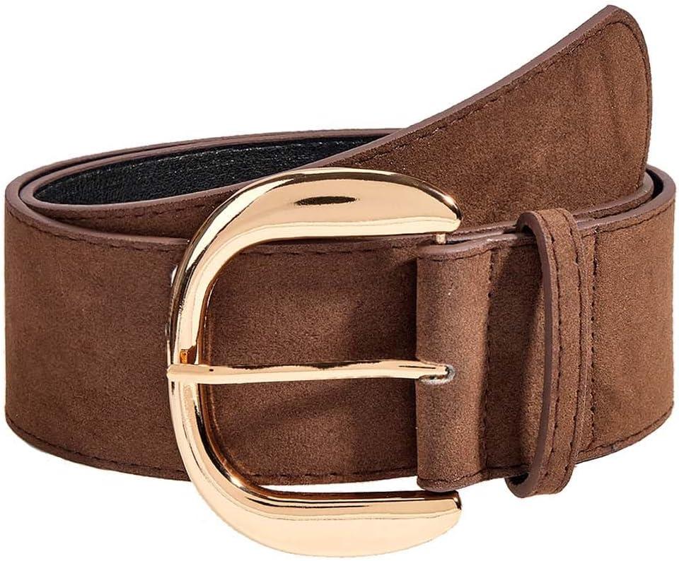 Yalice Women's Wide Leather Belt for Dresses Fashion Thick Waist Belts Chunky Suede Belt with Big Metal Buckle (Fits Waist Size:29''-35'', Brown-gold Buckle)