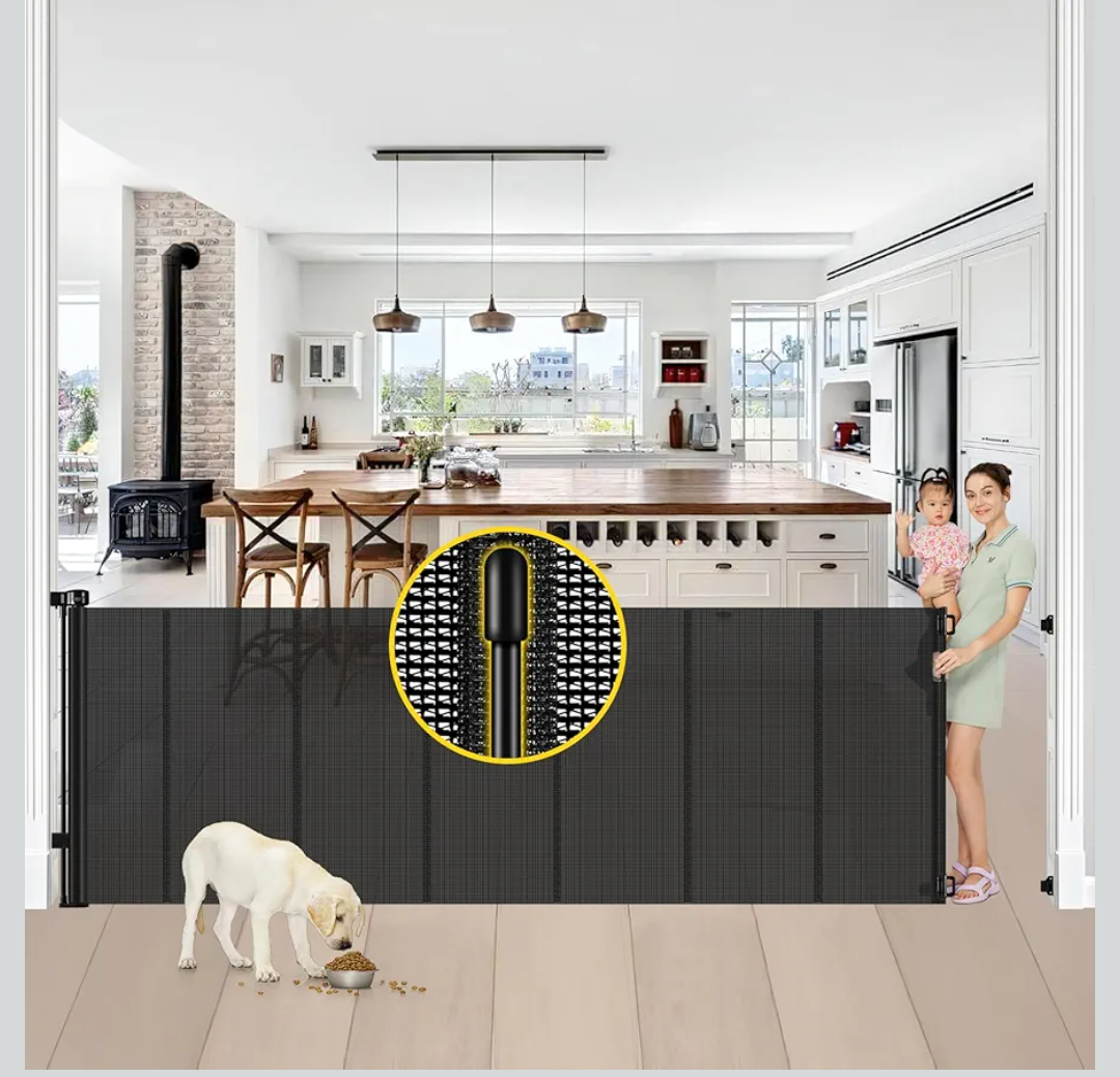 Reinforced 42” Tall x 100” Extra Wide Retractable Baby Gates for Doorways Extra Tall Pet Gate with Rods to Prevent Crawling Through, Dog Gate for Large Openings Extra Long Mesh Gate, Black