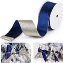 Blue Velvet Wired Ribbon with Glitter Back 2.5 Inch Navy Blue and Gold Christmas Ribbon Wired Ribbon for Christmas Tree, Gift Wrapping, Mantel, Wreaths Supplies, Topper Bows (10 Yards)