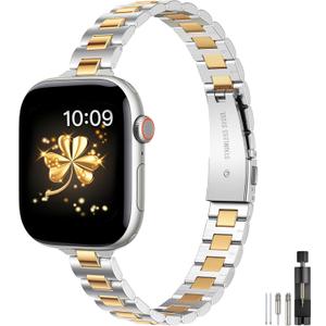 WFEAGL Slim Stainless Steel Band Compatible with Apple Watch 42mm 41mm 40mm 38mm Women, Elegant Dressy Jewelry Bracelet, Thin Lightweight Metal Strap for iWatch Series 11 10 9 8 7 6 5 4 3 2 1 SE, Silver+Gold
