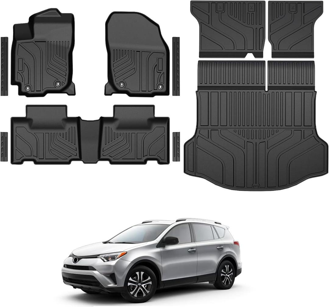 Floor Mats for Toyota RAV4 Gas 2013-2018, All Weather Floor Mats Trunk Cargo Liner with Backrest Protectors and Door Sill Guards Accessories, Full Coverage Set