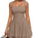 Trendy Queen Womens Mini 2026 Summer Spring Party Cruise Beach Vacation Clothes Outfit Clothing Date Night Square Neck Flowy Sun Sundress Ruched Birthday Homecoming Short Graduation Dress Tan Large