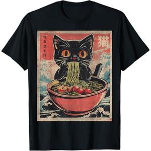 Anime Shirt For Men Women Kids Cat Ramen Noodles Unisex Anime Cat Ramen Japanese Funny Graphic Tees Kawaii Cat Anime Gifts TShirt Black XS