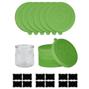 TERESRY 12 Pack Silicone Oui Yogurt Jar Lids with 8 Labels, Food-Grade Lids for 5Oz Oui Yogurt Jars, Reusable Silicone Canning Covers Perfect for Oui Yogurt Bottle, Green(Jar not Includ)