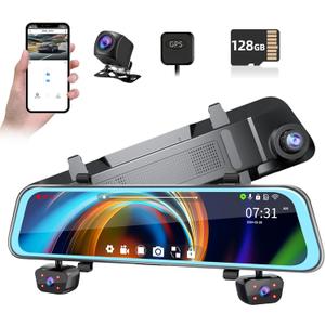 4 Channel Mirror Dash Cam, 360 Dash Camera FHD 1080P Front and Rear 12'' Full Touch Screen, Built-in WiFi, GPS, Parking Monitor, IR Night Vision with Free 128G Card