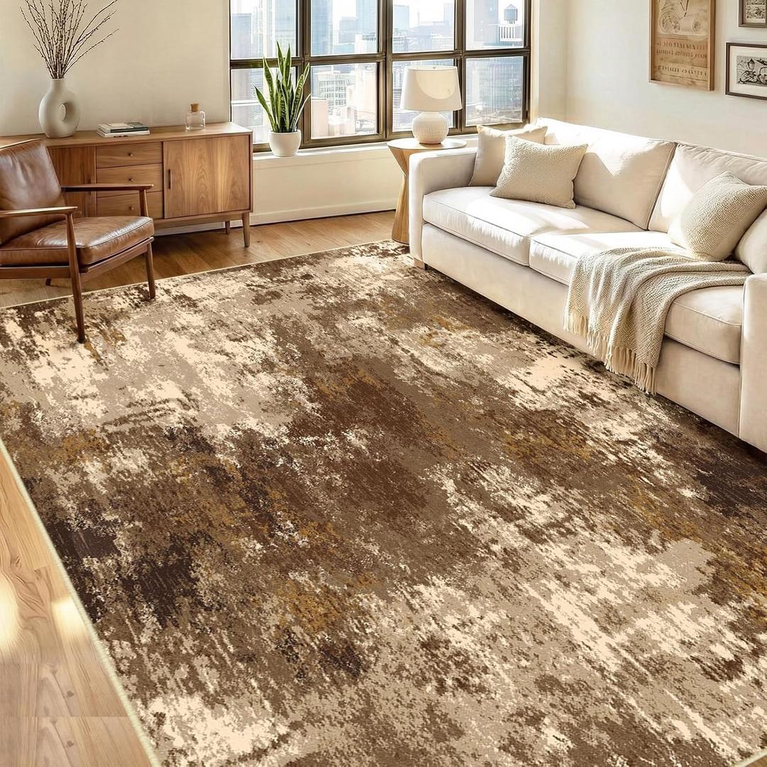 RELEANY Washable Area Rugs 6'x9' Non-Slip Modern Abstract Soft for Living Room Entryway Bedroom Nursery, Print Pattern, Brown Tan Beige Coffee