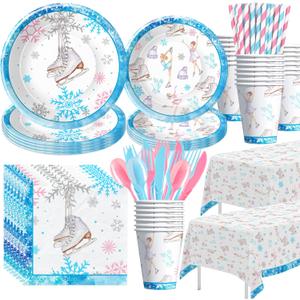 Ice Skating Birthday Party Decorations Tableware for Girls, Winter Wonderland Ice Skating Party Supplies, Paper Plate, Cup, Napkin, Tablecloth, Disposable Cutlery, Serves 24