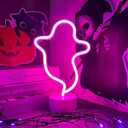 Halloween Ghost Neon Sign With Base, LED Light Sign, Shape Lamp Battery or USB Powered for Party, Bar, Room Decor (Pink)