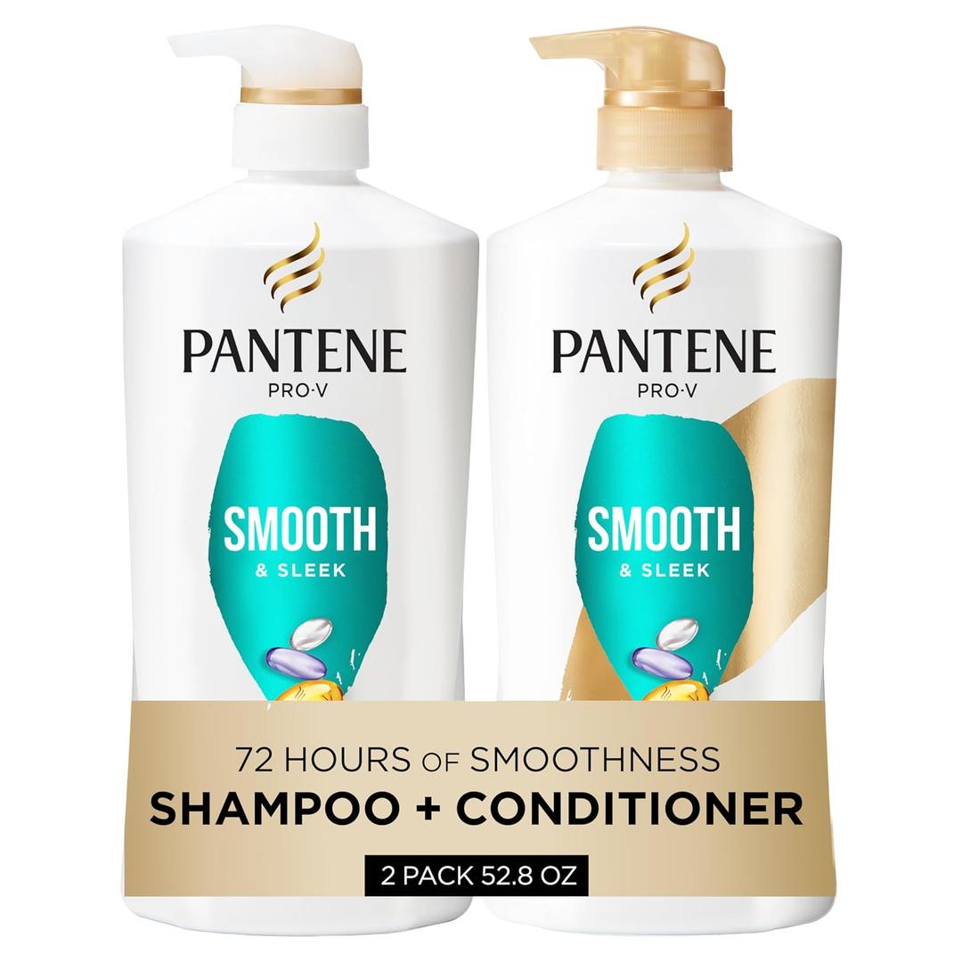 Pantene Shampoo & Conditioner Set, Smooth and Sleek - Frizz Control with Antioxidants, Nourishing for All Hair Types - Curly, Dry, Color-Treated, 52.8 Oz Total + Miracle Rescue Shot (0.5 Oz)