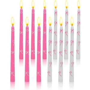 Set of 12 Bow-Printed Taper Candles 10 Inch - Smokeless, Dripless, Long Burn Time, White & Pink Decorative Candles for Wedding, Birthday, Dinner, Holiday Decor & Romantic Gifts