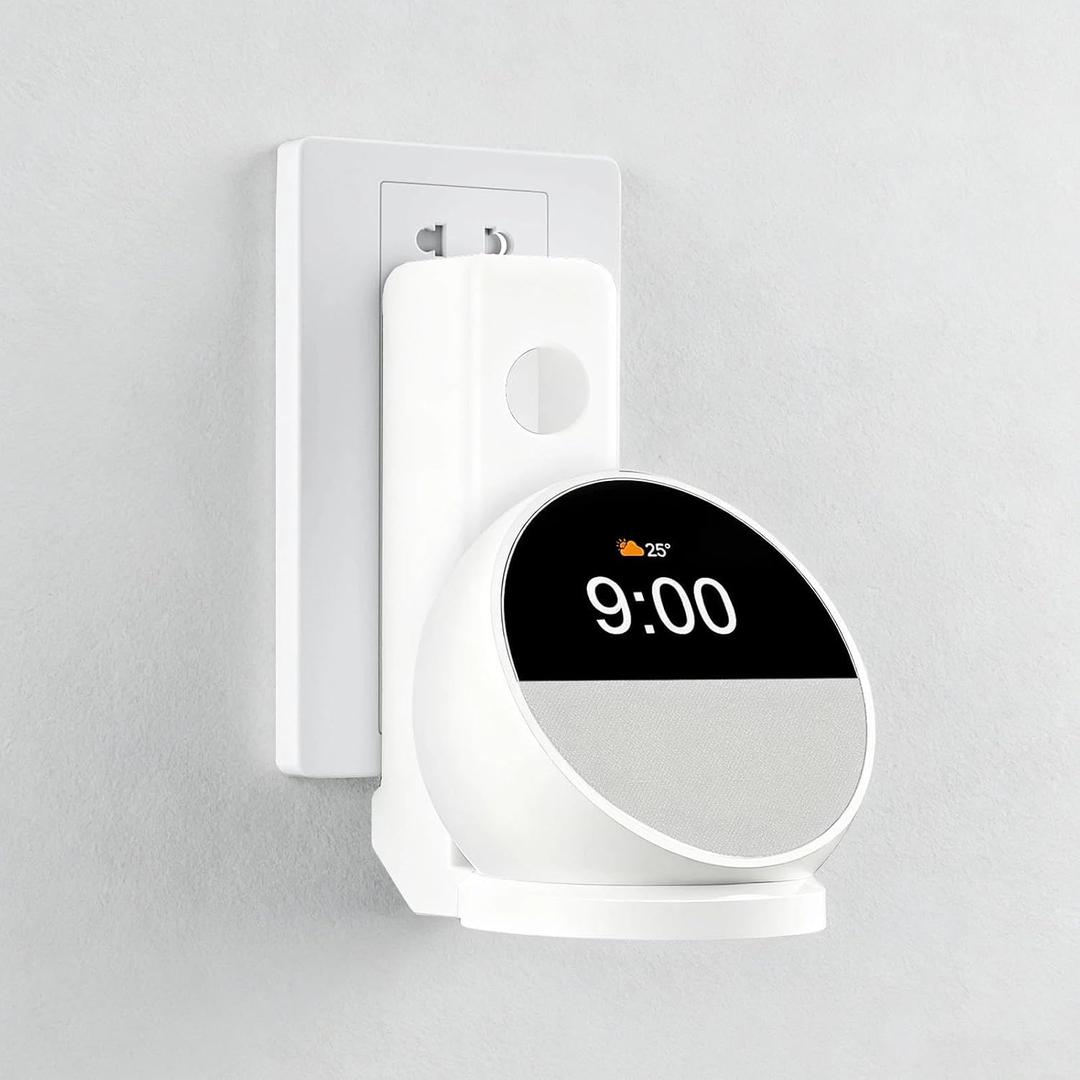 Wall Mount Holder Compatible with Echo Spot 2024, Outlet Mount with Hidden Cable Management, Space-Saving Shelf for Bedroom, Kitchen, Living Room, No-Drill Installation (White)