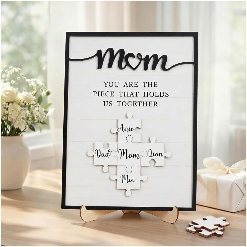 Personalized Mom You are The Piece That Holds Us Together Puzzle Sign with Family Names, Mothers Day Puzzle Wood Sign, Mothers Day Birthday Gifts for Mom from Daughter, Son