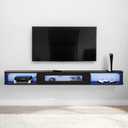 Floating TV Stand with LED Lights, 47'' Solid Wood Wall Mounted TV Cabinet with Glass Door, Mid-Century Entertainment Media Console Center Large Storage Shelf Under TV (47.24IN, Black)