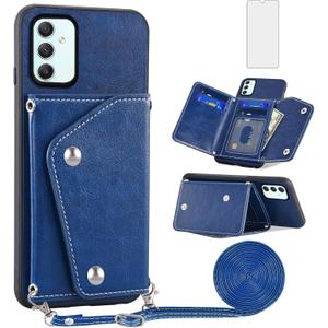 Asuwish Phone Case for Samsung Galaxy A34 5G Wallet Cover with Tempered Glass Screen Protector Credit Card Holder Crossbody Strap Stand Leather Cell Accessories A 34 34A Women Men Girls Shoulder Blue