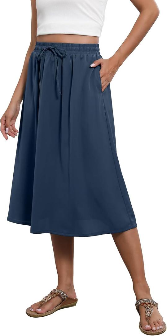 Flowy Skirt Midi Length Elastic High Waist A-Line Skirt with Pockets Boho for Women 2025 Trendy(S-2XL) (Medium)