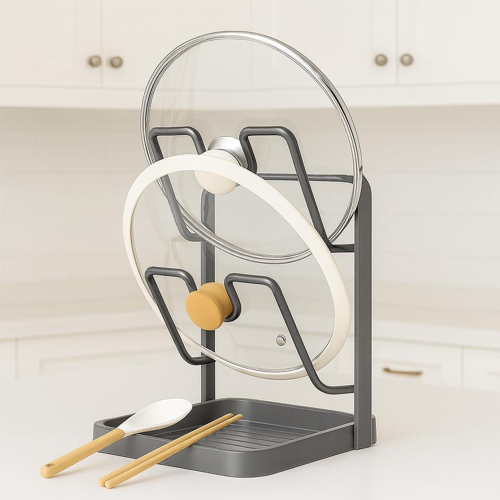 Kitchen Pot Lid Storage Rack, Double Layer Pot Lid Organizer Rack & Holder While Cooking, Metal Pot Lid Stand with Spoon Rest and Removable Drip Tray, Space-Saving Design (Gray, 2)