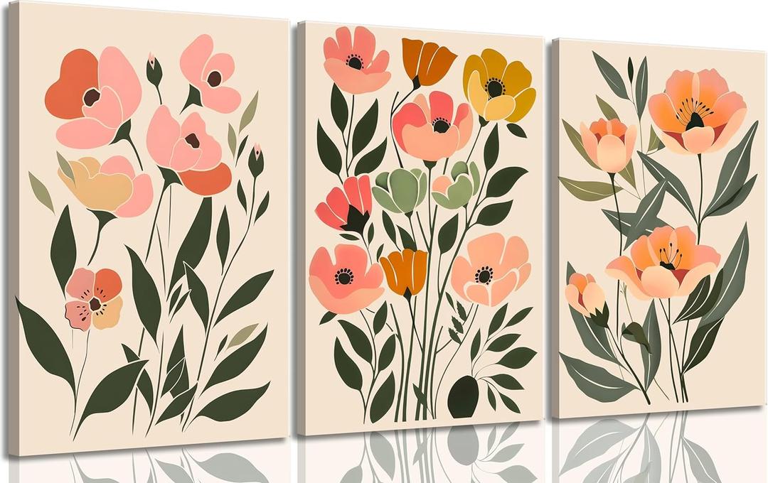 Boho Flower Canvas Wall Art Minimalist Abstract Botanical Floral Painting Picture Wall Decor Modern Botanical Poster Print Artwork for Bedroom Gallery Livingroom Home Decoration (16L" x 12W")
