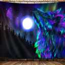 Wolf Moon Tapestry, Colorful Cool Psychedelic Wolf Poster Tapestry Wall Hanging, Purple Hippie Trippy Tapestry for Bedroom Aesthetic, Wild Animal Wolves in Forest Tapestries for Living Room, 60X40in