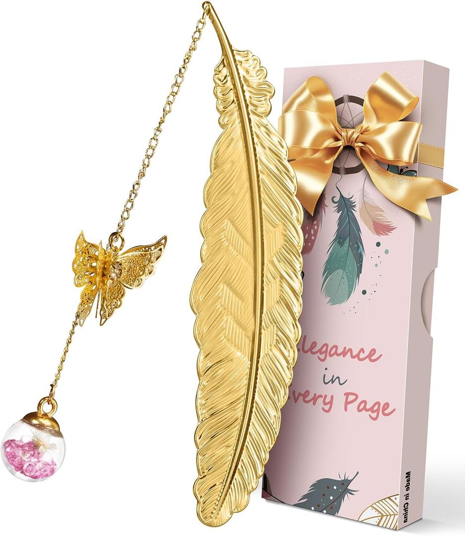 Bookmarks for Women Christmas Gifts - Stocking Stuffers for Women Teachers Friends Book Lovers, Unique Cute Butterfly Metal Feather Flower Vintage Bookmark, Gift Ideas for Birthdays (Gold - Pink (White Flowers))