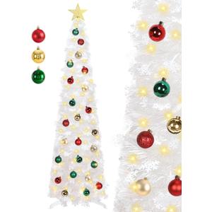 5 FT Pop Up Christmas Tree with Timer Lights and Decorations, White Tinsel Artificial Christmas Tree with 24 Balls Ornaments, Collapsible Pencil Tree for Xmas Home Office Party Decor